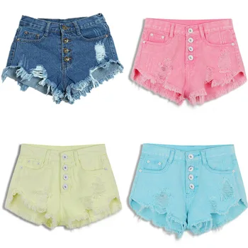 2018 New Summer Female Candy Color Hole High Waist Solid Casual Cotton Seksi Short Pants Jean Shorts Vintage Women Traper Shorts